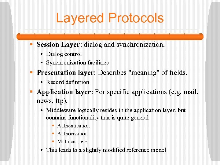 Layered Protocols § Session Layer: dialog and synchronization. • Dialog control • Synchronization facilities