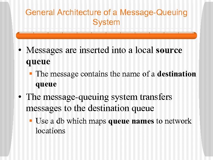 General Architecture of a Message-Queuing System • Messages are inserted into a local source