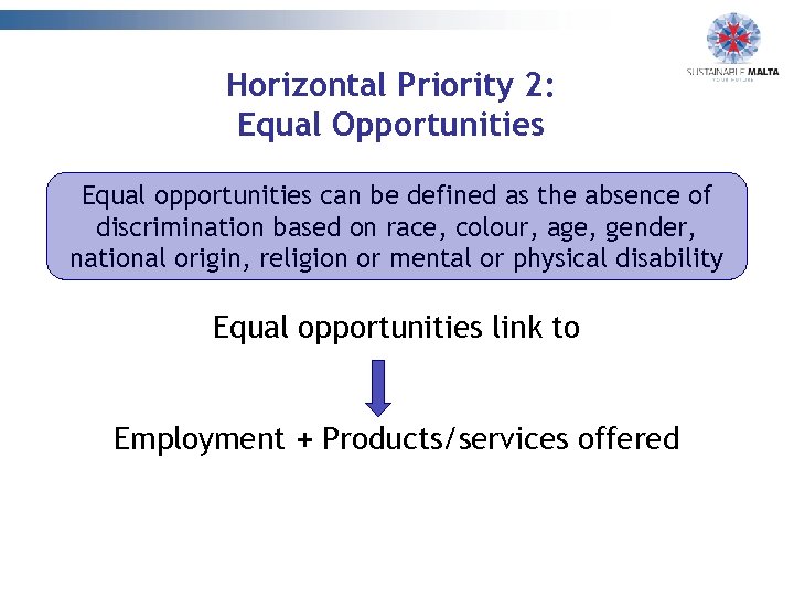 Horizontal Priority 2: Equal Opportunities Equal opportunities can be defined as the absence of