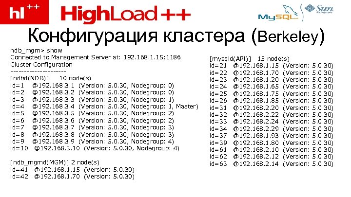 Конфигурация кластера (Berkeley) ndb_mgm> show Connected to Management Server at: 192. 168. 1. 15: