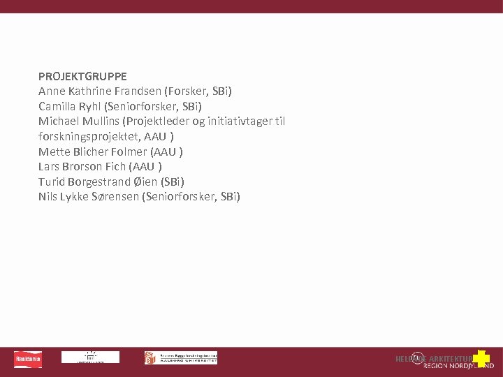 PROJEKTGRUPPE Anne Kathrine Frandsen (Forsker, SBi) Camilla Ryhl (Seniorforsker, SBi) Michael Mullins (Projektleder og