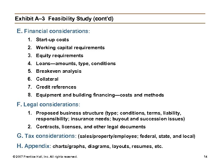 Exhibit A– 3 Feasibility Study (cont’d) E. Financial considerations: 1. Start-up costs 2. Working