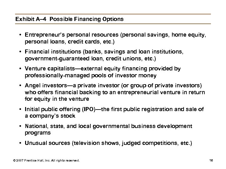 Exhibit A– 4 Possible Financing Options • Entrepreneur’s personal resources (personal savings, home equity,