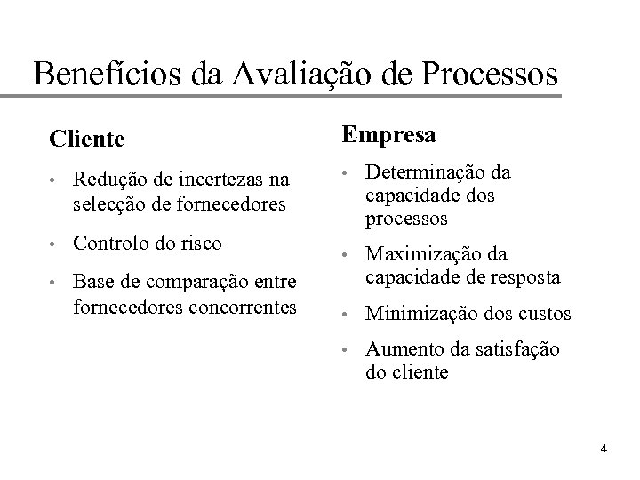 Benefícios da Avaliação de Processos Cliente • Redução de incertezas na selecção de fornecedores