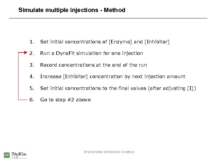 Simulate multiple injections - Method 1. Set initial concentrations of [Enzyme] and [Inhibitor] 2.