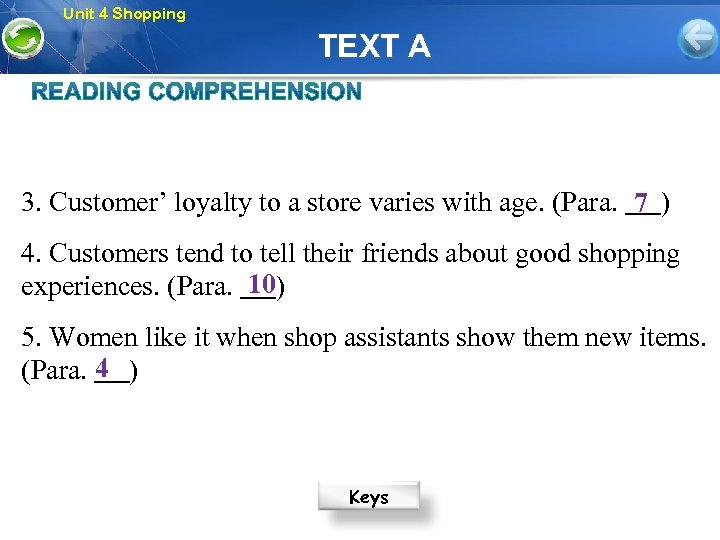 Unit 4 Shopping TEXT A 3. Customer’ loyalty to a store varies with age.