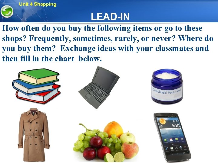 Unit 4 Shopping LEAD-IN How often do you buy the following items or go