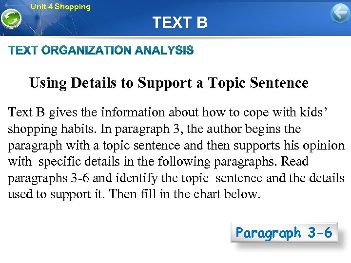 Unit 4 Shopping TEXT B Using Details to Support a Topic Sentence Text B
