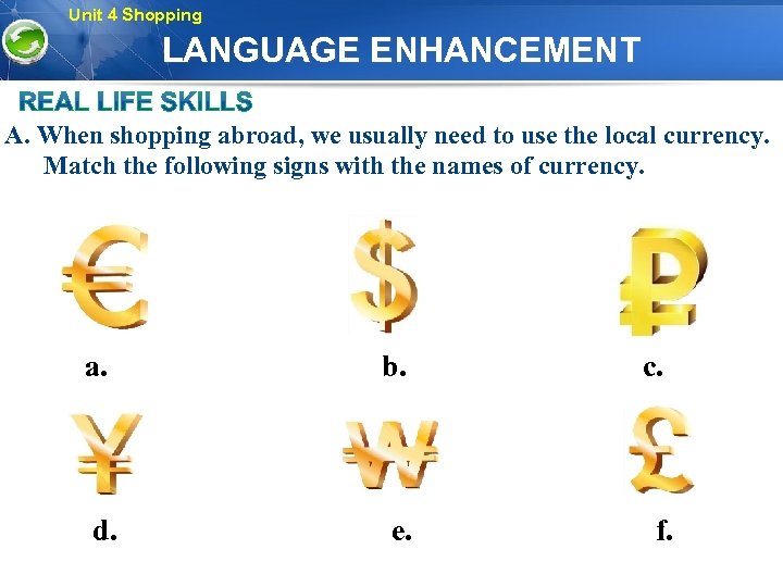 Unit 4 Shopping LANGUAGE ENHANCEMENT A. When shopping abroad, we usually need to use