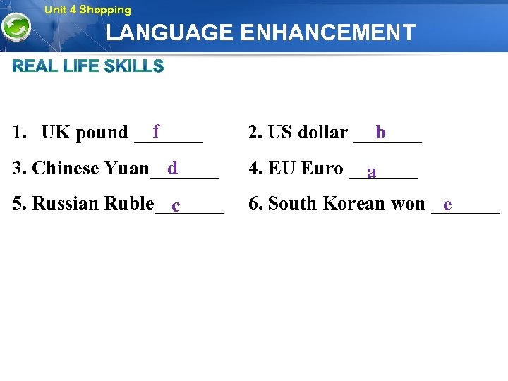 Unit 4 Shopping LANGUAGE ENHANCEMENT f b 1. UK pound _______ 2. US dollar