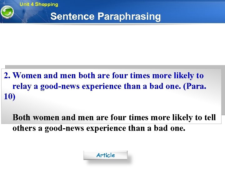 Unit 4 Shopping Sentence Paraphrasing 2. Women and men both are four times more