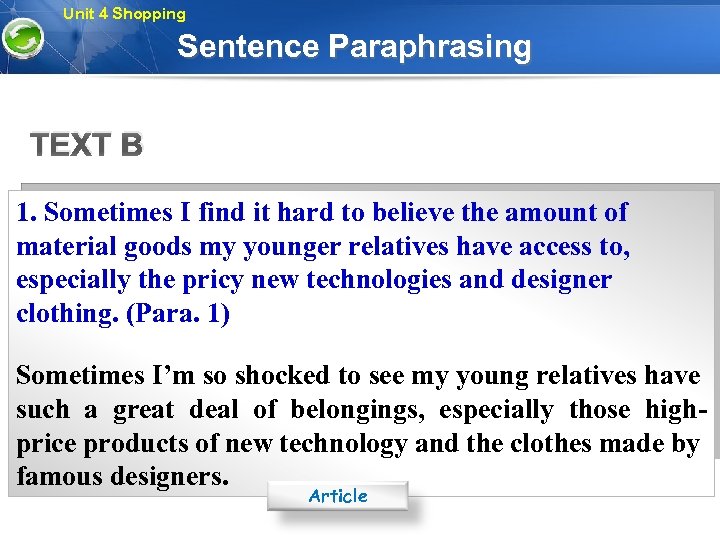 Unit 4 Shopping Sentence Paraphrasing TEXT B 1. Sometimes I find it hard to