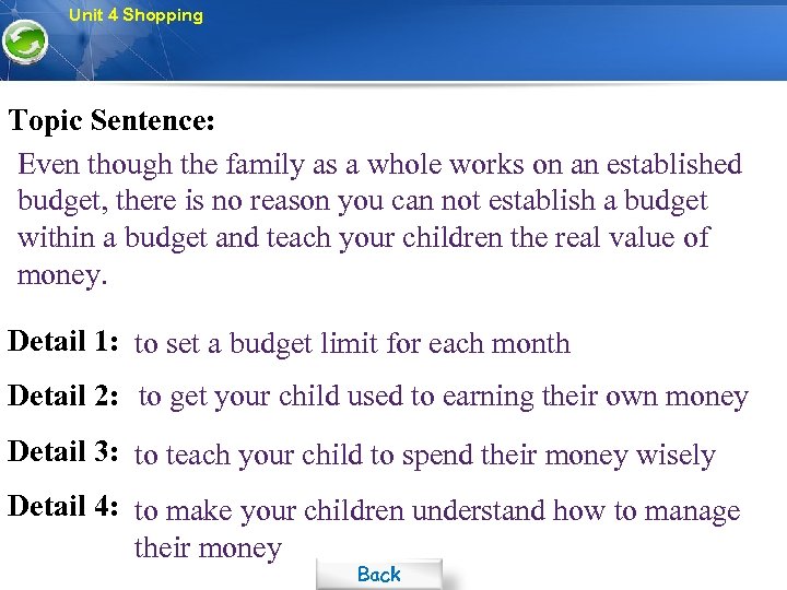 Unit 4 Shopping Topic Sentence: Even though the family as a whole works on