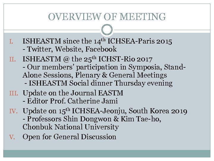 OVERVIEW OF MEETING I. II. III. IV. ISHEASTM since the 14 th ICHSEA-Paris 2015