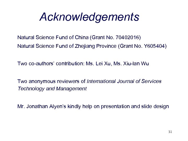 Acknowledgements Natural Science Fund of China (Grant No. 70402016) Natural Science Fund of Zhejiang