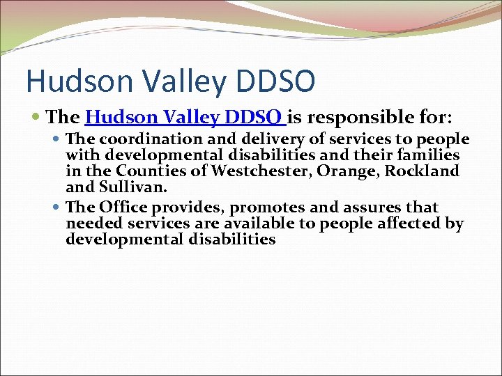 Hudson Valley DDSO The Hudson Valley DDSO is responsible for: The coordination and delivery
