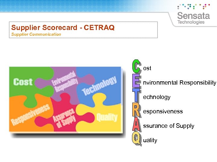 Supplier Scorecard - CETRAQ Supplier Communication ost nvironmental Responsibility echnology esponsiveness ssurance of Supply
