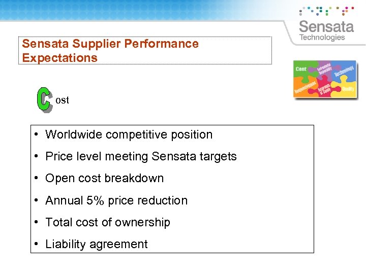 Sensata Supplier Performance Expectations ost • Worldwide competitive position • Price level meeting Sensata