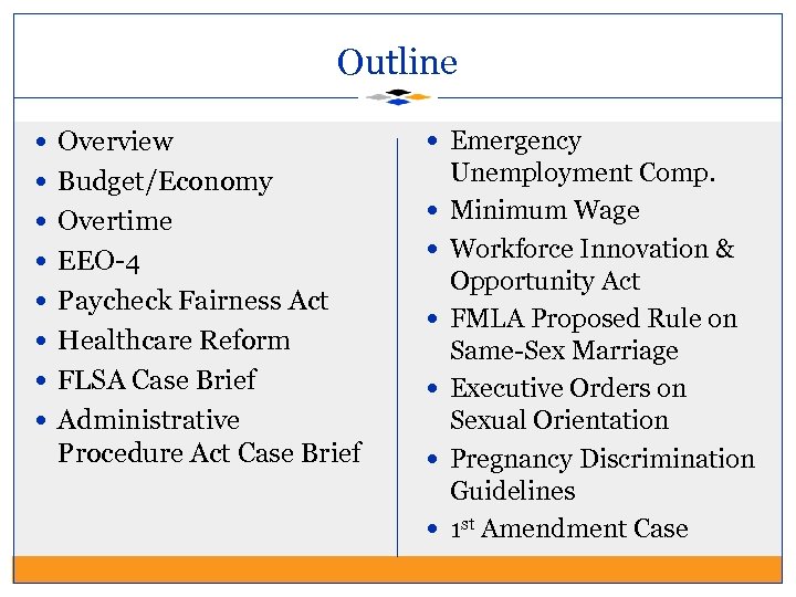 Outline Overview Emergency Budget/Economy Overtime EEO-4 Paycheck Fairness Act Healthcare Reform FLSA Case Brief