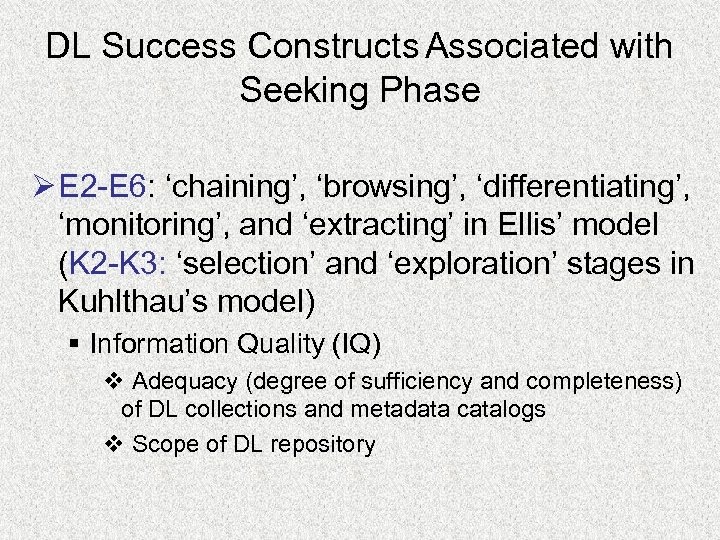 DL Success Constructs Associated with Seeking Phase Ø E 2 -E 6: ‘chaining’, ‘browsing’,