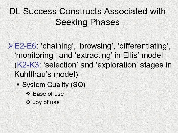 DL Success Constructs Associated with Seeking Phases Ø E 2 -E 6: ‘chaining’, ‘browsing’,