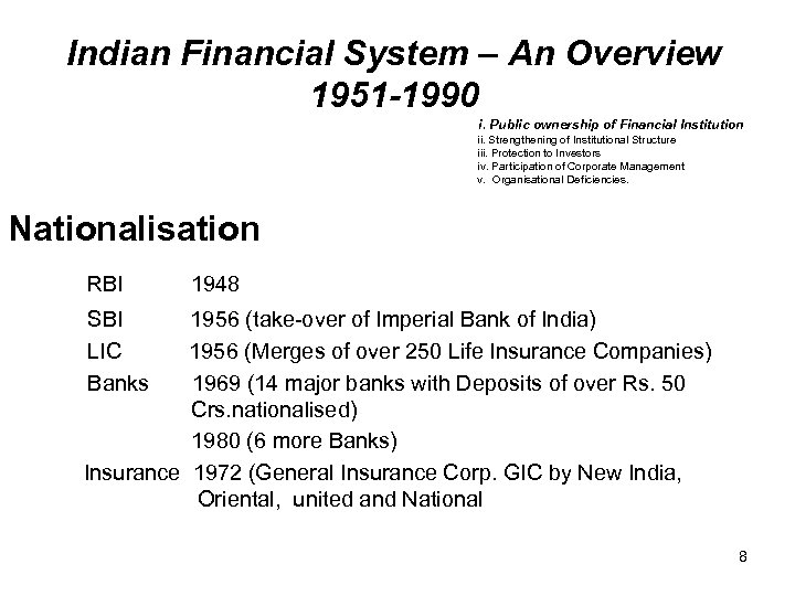 Indian Financial System – An Overview 1951 -1990 i. Public ownership of Financial Institution