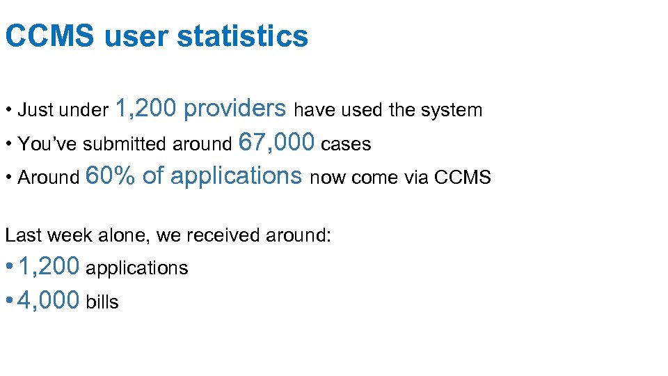 CCMS user statistics • Just under 1, 200 providers have used the system •