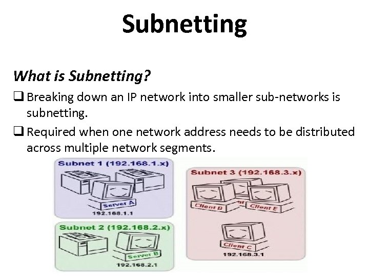 Subnetting What is Subnetting? q Breaking down an IP network into smaller sub-networks is