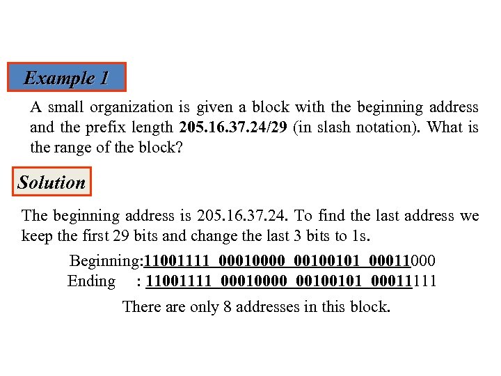 Example 1 A small organization is given a block with the beginning address and