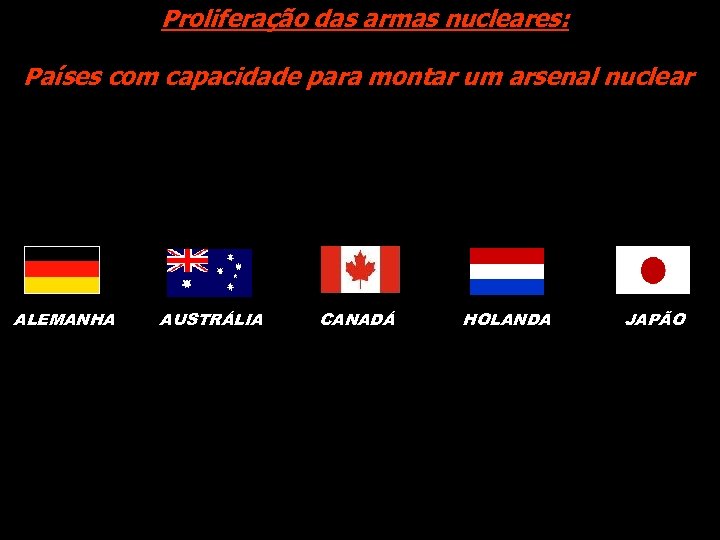 Proliferação das armas nucleares: Países com capacidade para montar um arsenal nuclear ALEMANHA AUSTRÁLIA