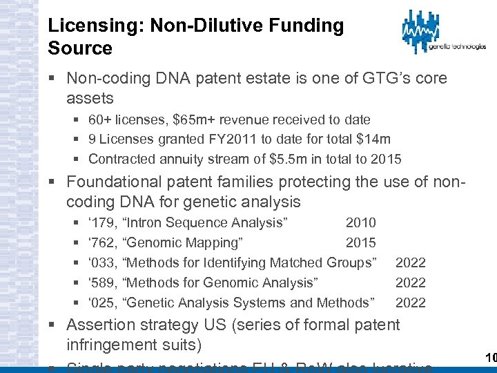 Licensing: Non-Dilutive Funding Source § Non-coding DNA patent estate is one of GTG’s core