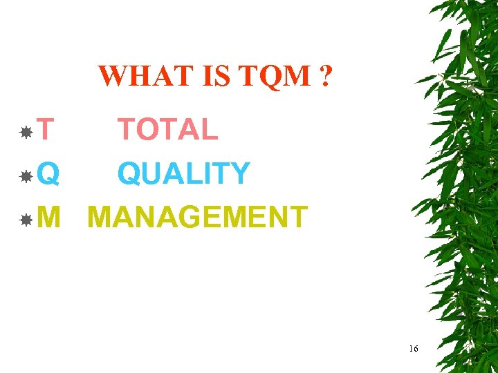 WHAT IS TQM ? T TOTAL Q QUALITY M MANAGEMENT 16 