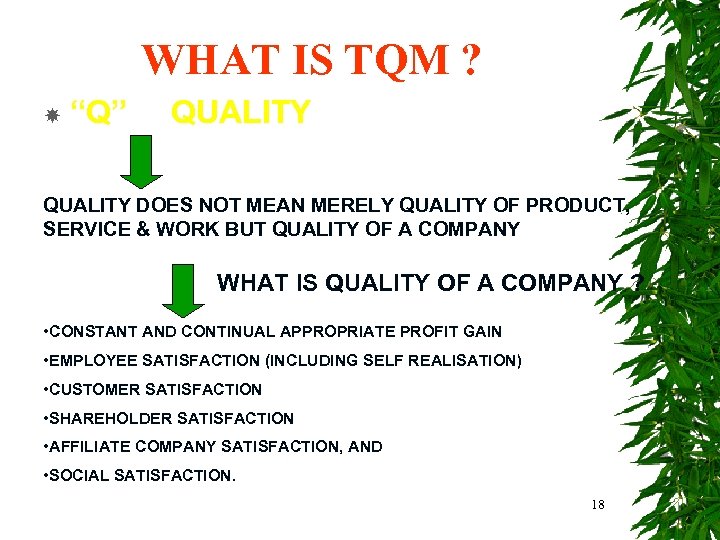 WHAT IS TQM ? “Q” QUALITY DOES NOT MEAN MERELY QUALITY OF PRODUCT, SERVICE