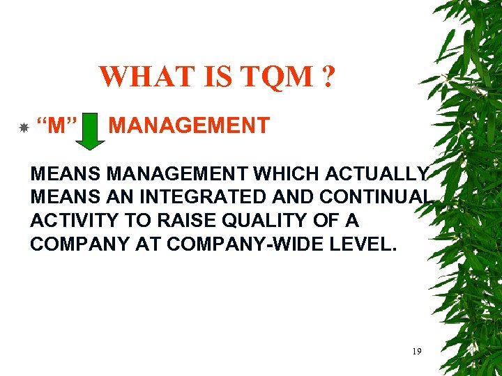 WHAT IS TQM ? “M” MANAGEMENT MEANS MANAGEMENT WHICH ACTUALLY MEANS AN INTEGRATED AND