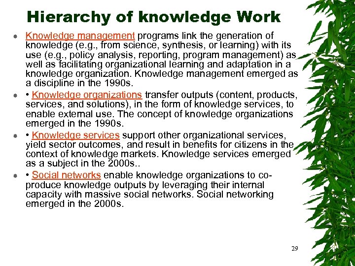 Hierarchy of knowledge Work Knowledge management programs link the generation of knowledge (e. g.