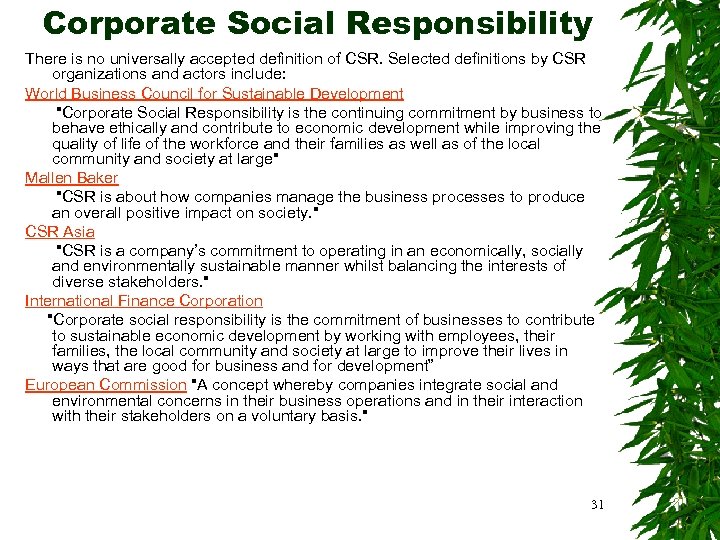 Corporate Social Responsibility There is no universally accepted definition of CSR. Selected definitions by