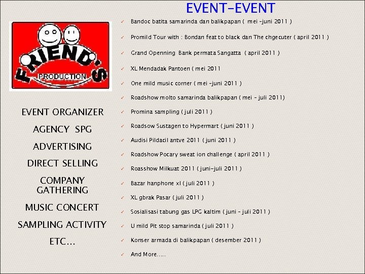 EVENT-EVENT ü Bandoc batita samarinda dan balikpapan ( mei –juni 2011 ) ü Promild