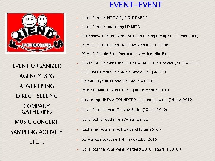 EVENT-EVENT ü Lokal Partner INDOMIE JINGLE DARE 3 ü Lokal Partner Launching HP MITO