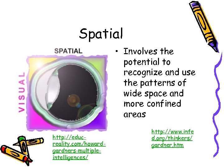 Spatial • Involves the potential to recognize and use the patterns of wide space