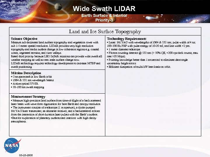 Wide Swath LIDAR Earth Surface & Interior Priority-3 Land Ice Surface Topography Science Objective