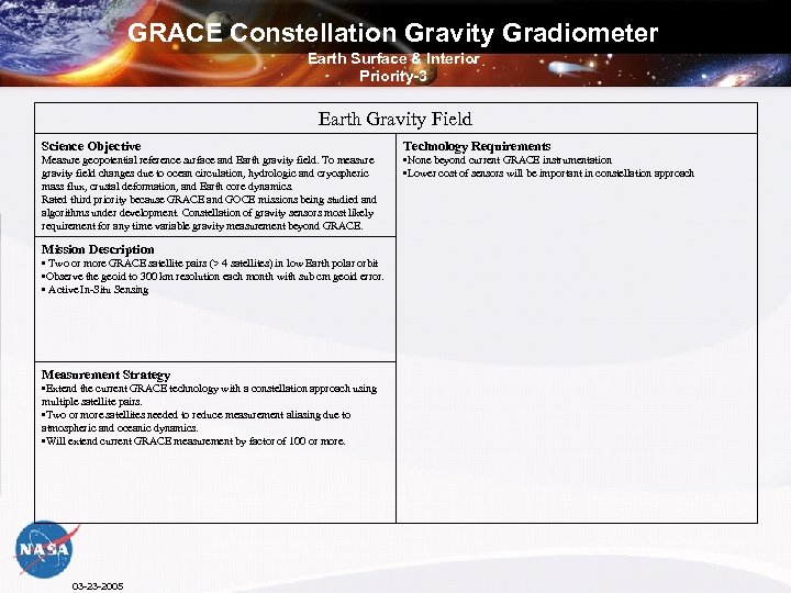 GRACE Constellation Gravity Gradiometer Earth Surface & Interior Priority-3 Earth Gravity Field Science Objective