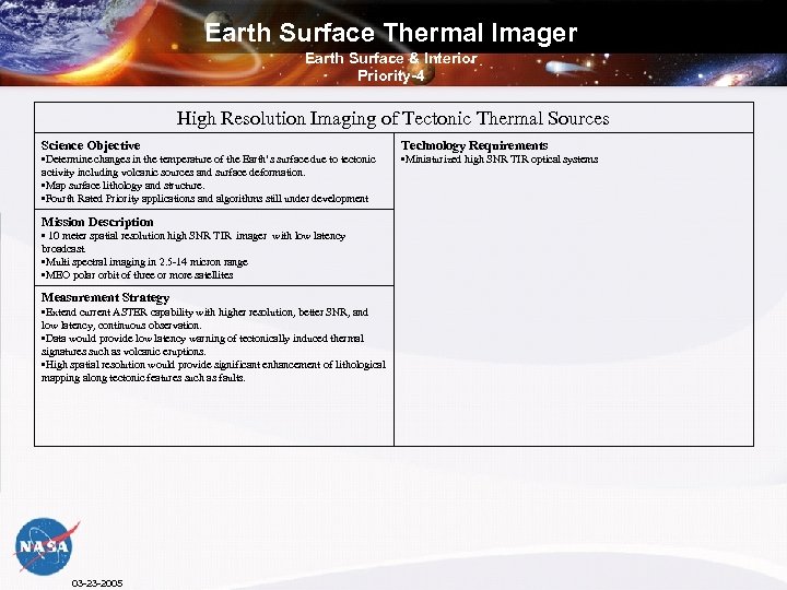 Earth Surface Thermal Imager Earth Surface & Interior Priority-4 High Resolution Imaging of Tectonic