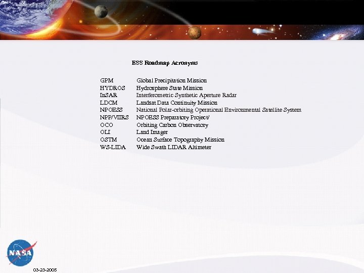 ESS Roadmap Acronyms GPM HYDROS In. SAR LDCM NPOESS NPP/VIIRS OCO OLI OSTM WS-LIDA
