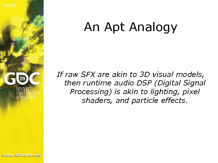 An Apt Analogy If raw SFX are akin to 3 D visual models, then