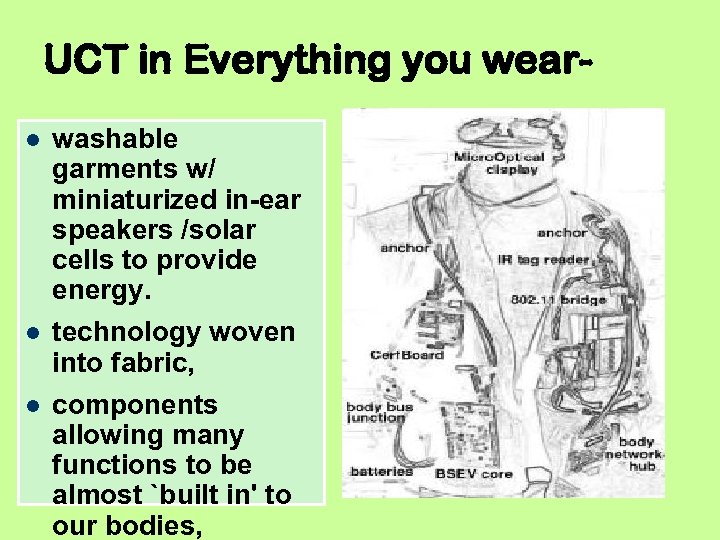 UCT in Everything you wear washable garments w/ miniaturized in-ear speakers /solar cells to