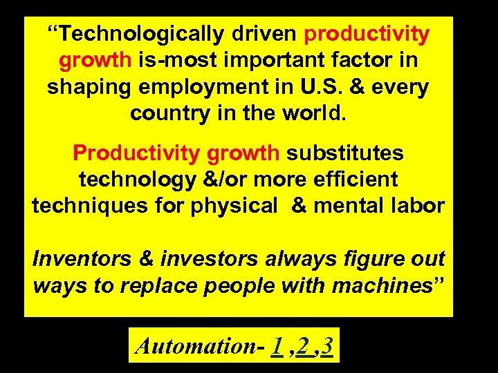 “Technologically driven productivity growth is-most important factor in shaping employment in U. S. &