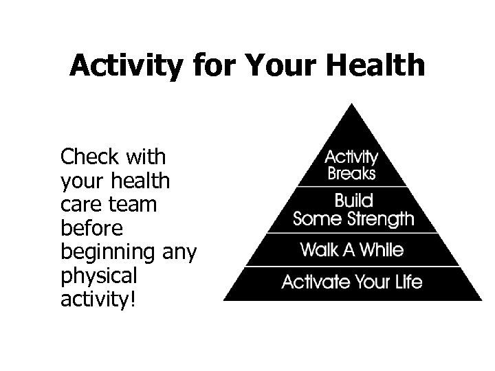 Activity for Your Health Check with your health care team before beginning any physical