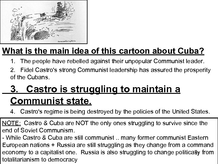 What is the main idea of this cartoon about Cuba? 1. The people have