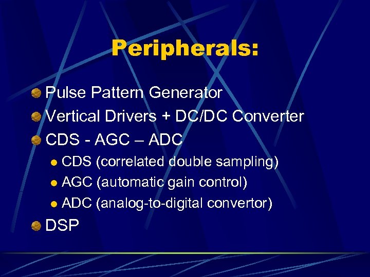Peripherals: Pulse Pattern Generator Vertical Drivers + DC/DC Converter CDS - AGC – ADC