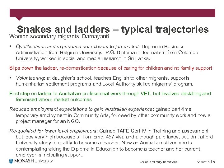 Snakes and ladders – typical trajectories Women secondary migrants: Damayanti § Qualifications and experience